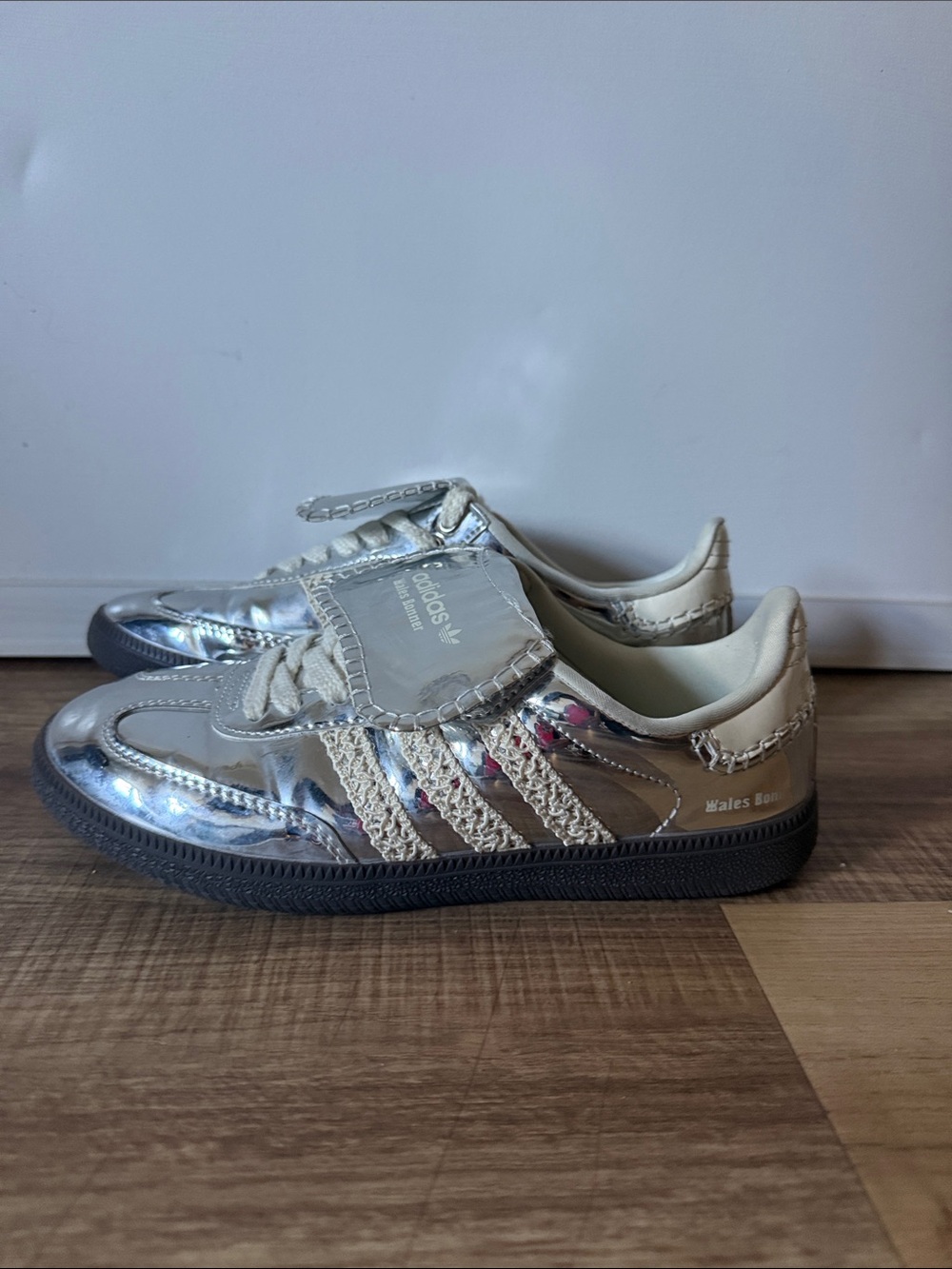 Women’s Adidas Silver Metallic Samba-Style Sneakers with Cream Lace Accents